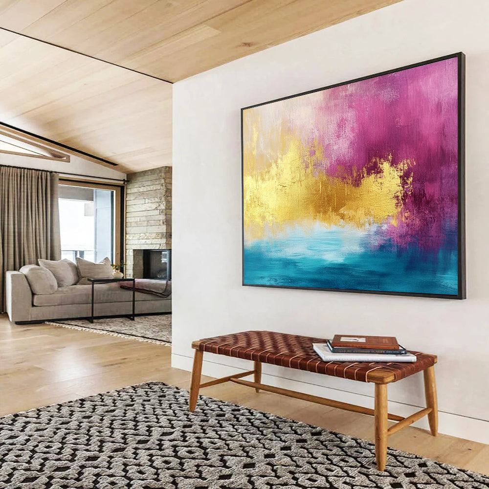 “Pink, Gold, and Blue Abstract” - Pink, Gold, Blue, Bold Color Blocks Painting On Canvas HB0883