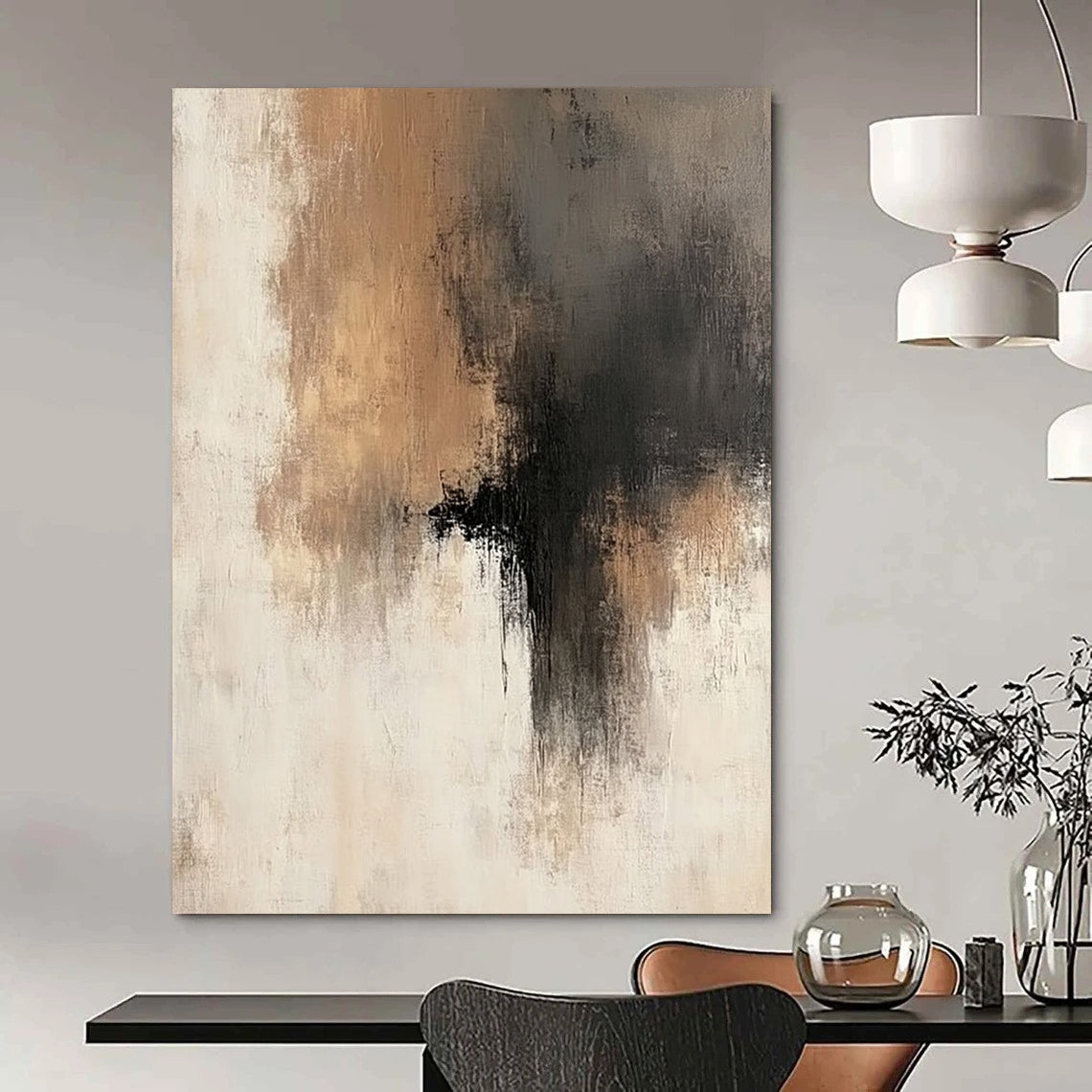 Large contemporary hand-painted abstract artwork featuring soft brush strokes in neutral tones of beige gray and brown accents with a serene neutral background. DLZ0440