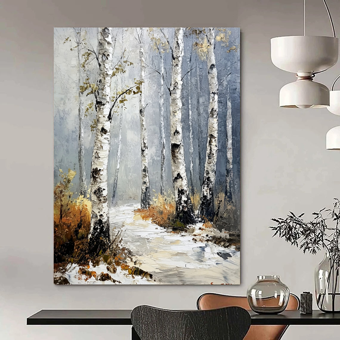 Contemporary abstract painting featuring birch trees with textured white bark and green leaves amidst a foggy atmosphere and snowy ground. DLZ1101