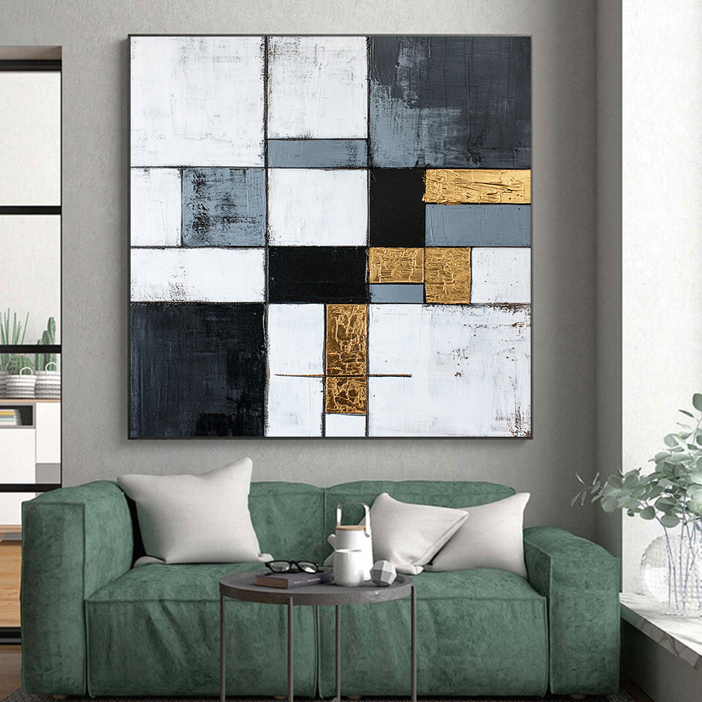 Gray, White, Gold, Black, Patchwork Squares "Gilded Harmony" Abstract Neo - Platicist Painting On Canvas HB150