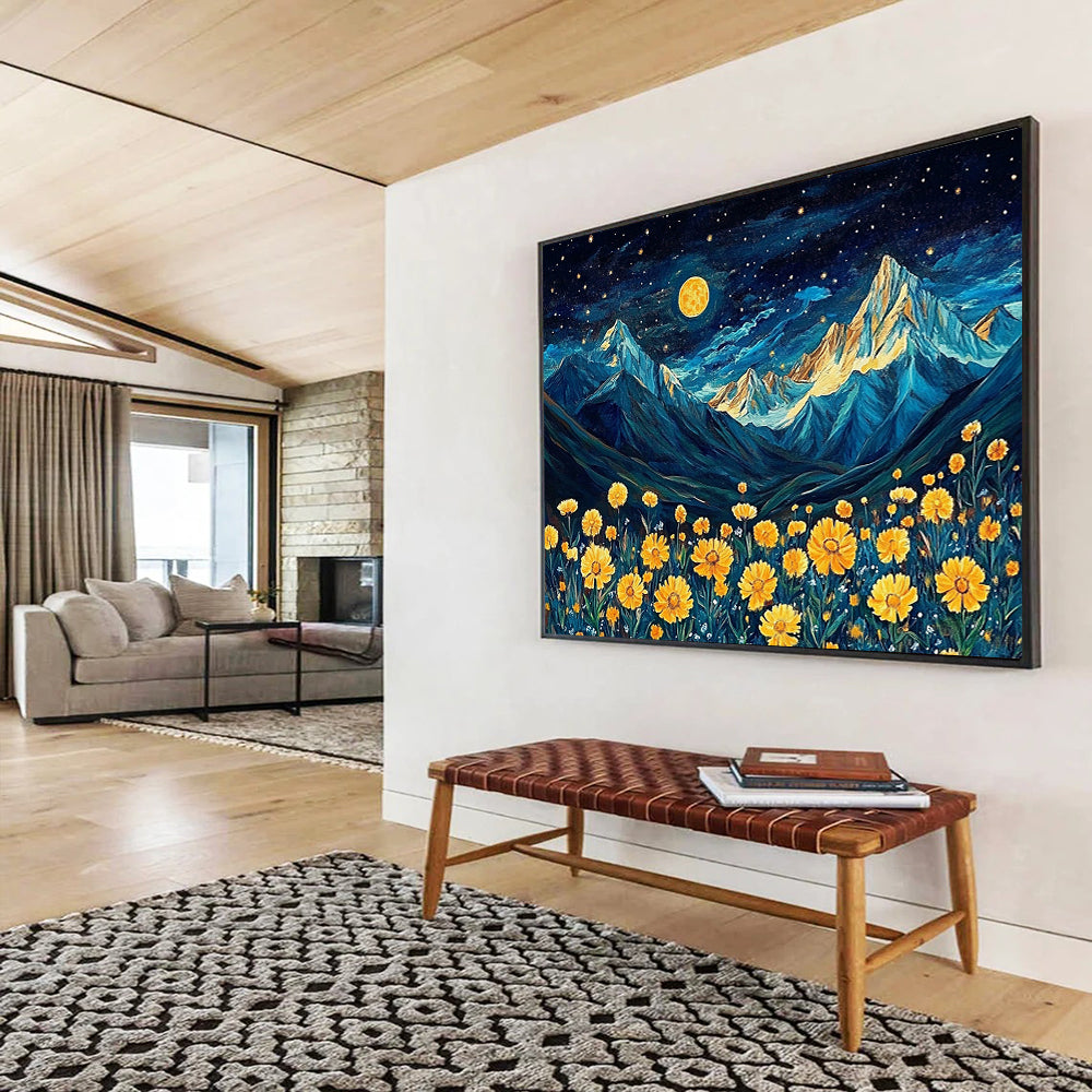 “Moonlit Mountain Flowers” - Blue, Yellow, Mountain & Floral Oil Painting On Canvas HB0718