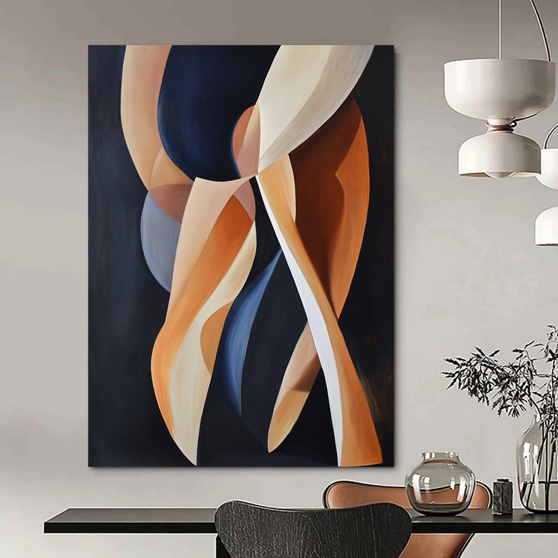 Contemporary abstract artwork featuring dynamic shapes of women's legs in motion against a dark background with light orange and navy blue accents. DLZ1668
