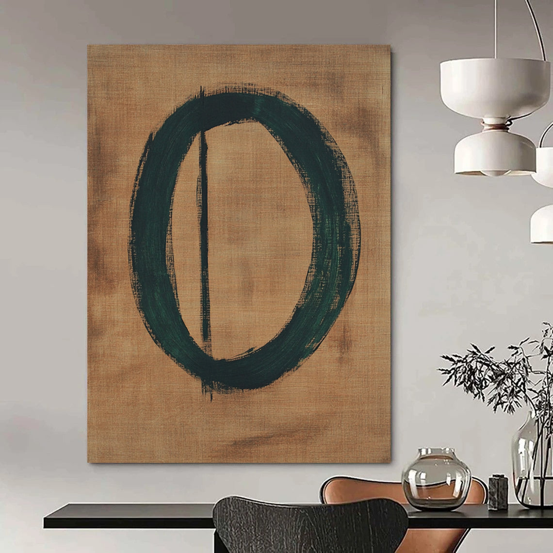 Contemporary abstract art features a green circular number zero on brown paper accented by thin black lines, crafted in an oil painting style. DLZ1466