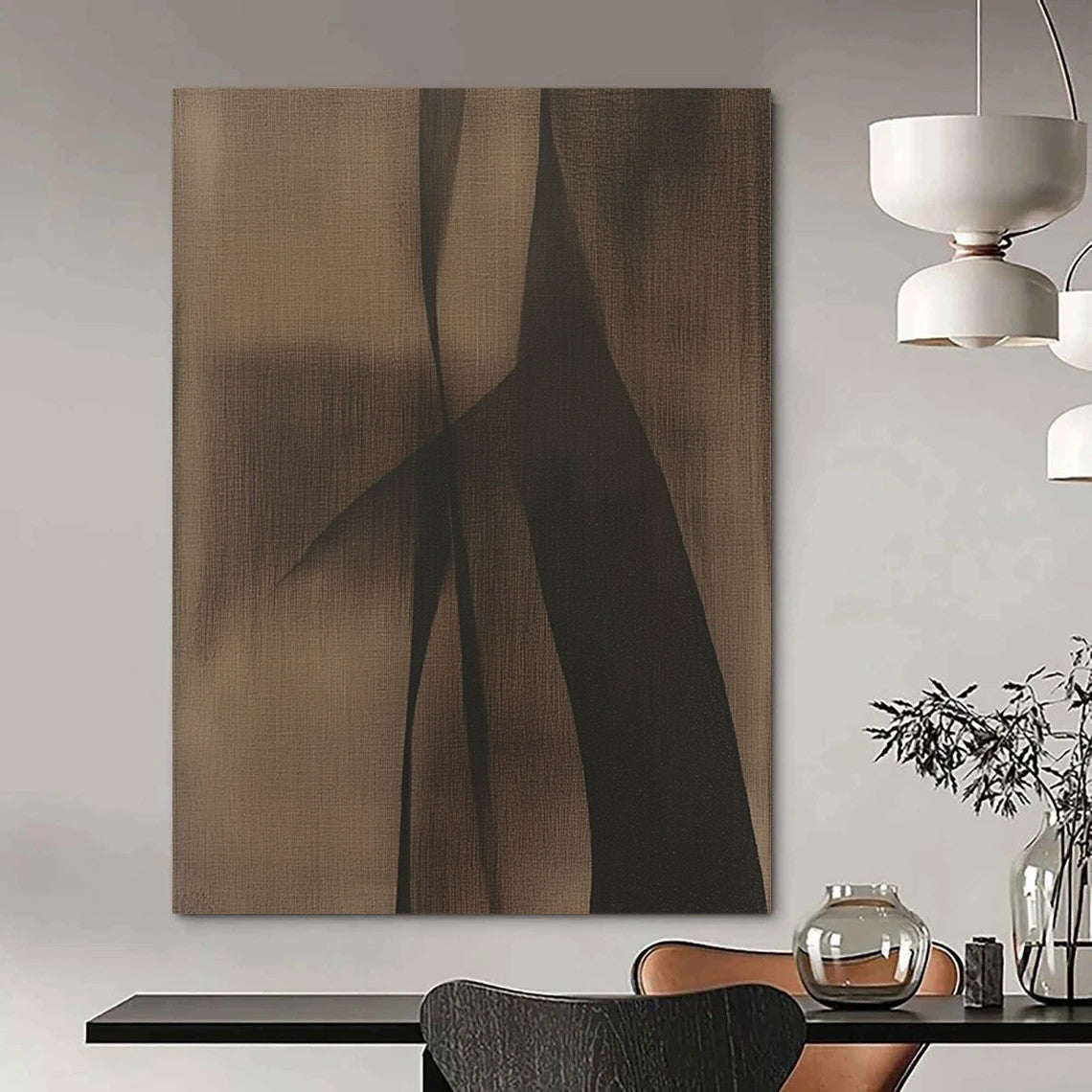 Large contemporary hand-painted abstract artwork with brown and black tones featuring minimalist shapes that evoke a powerful sense of mystery against a dark grey background. DLZ1186