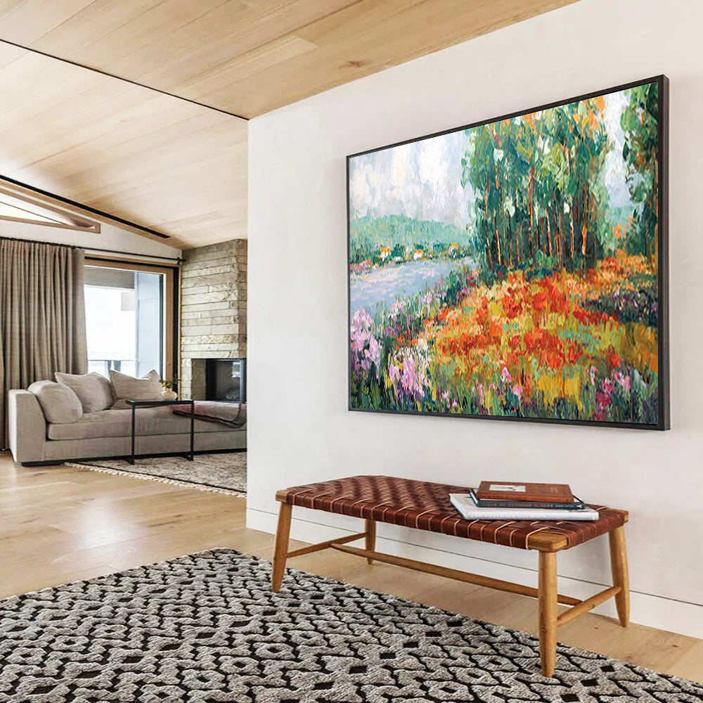 Lakeside Flower Field - Cheerful Living Room or Bedroom Art DLZ228