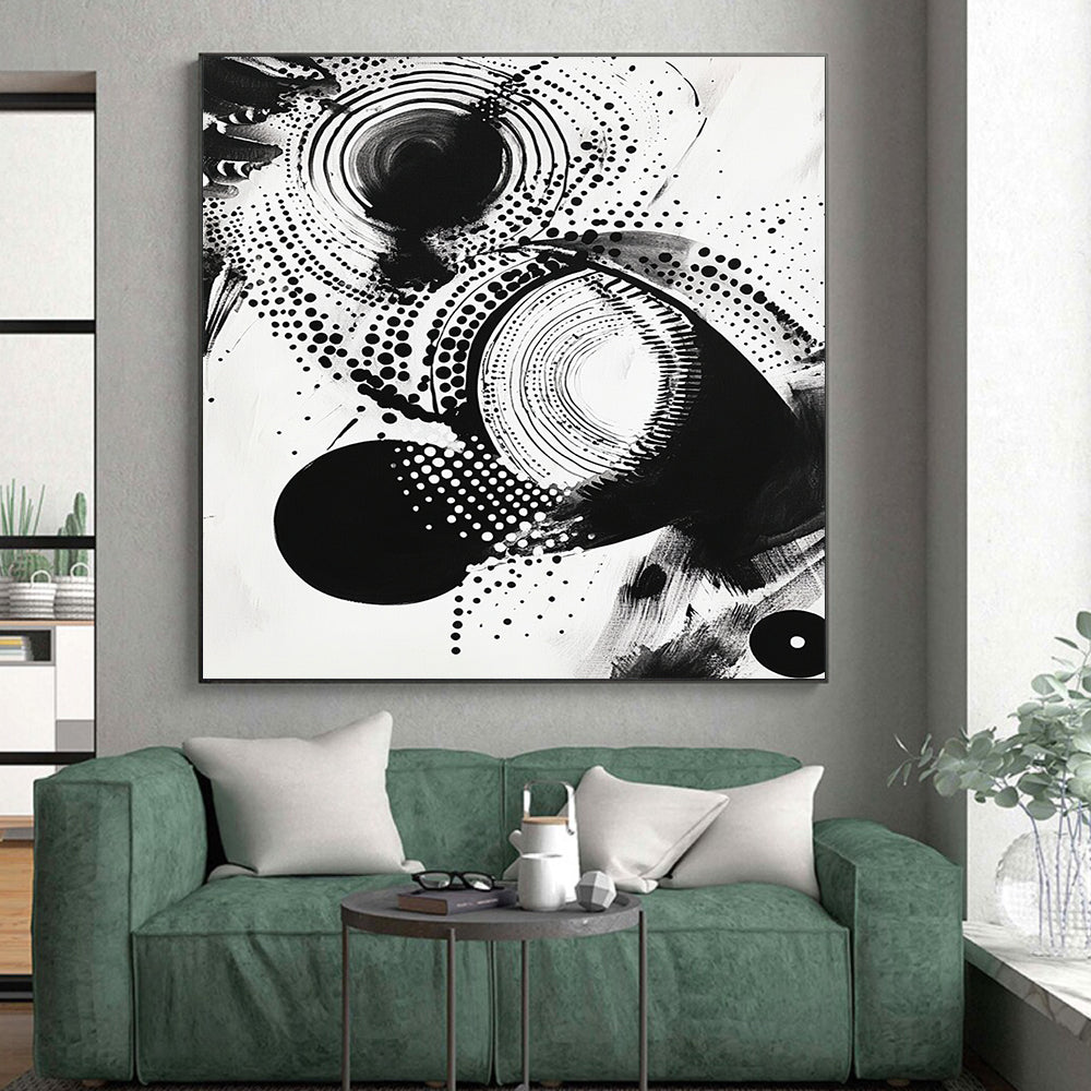 Black Circles, Dots & Curves on White - “Cosmic Ink Patterns” Painting On Canvas HB222
