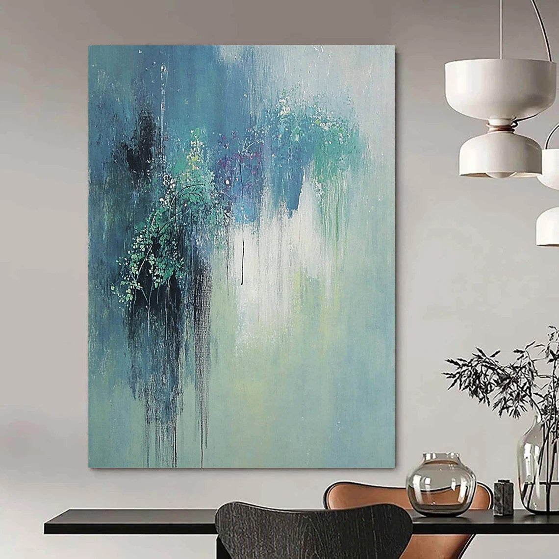 Large contemporary hand-painted abstract artwork featuring gentle hues of green and blue with elegant willow reflections and a serene, dreamy atmosphere. DLZ1179