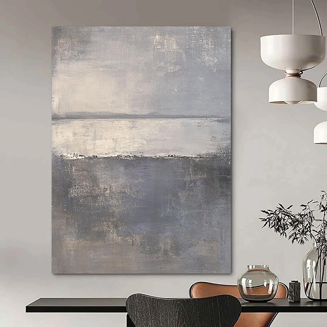 Large contemporary hand-painted abstract art featuring soft gray and white hues with tranquil sea elements creating a serene and calming atmosphere. DLZ0281