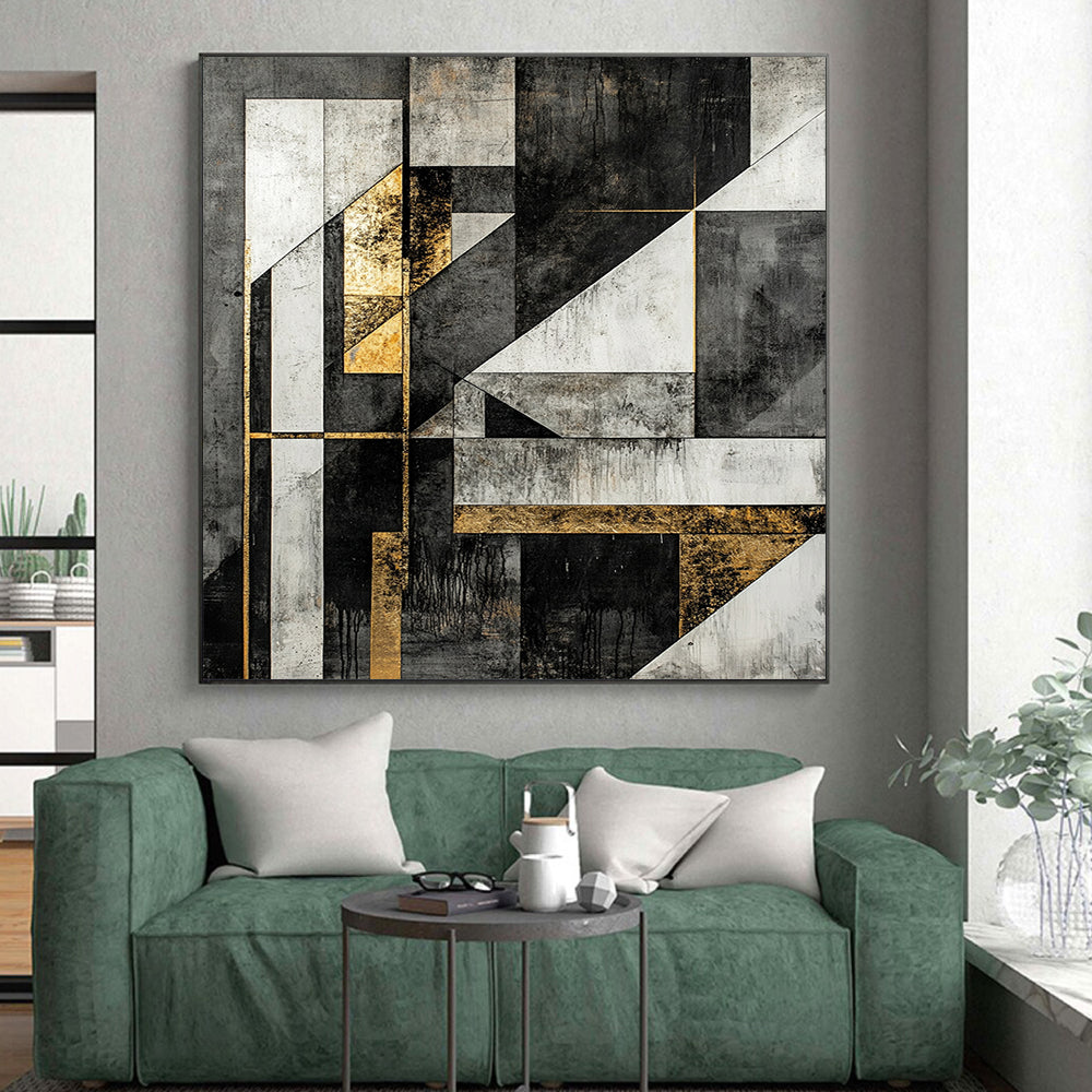 Black, White, Gray, Gold, Modular Geometry "Gilded Block Party" Abstract Constructivist - Inspired Painting On Canvas HB129