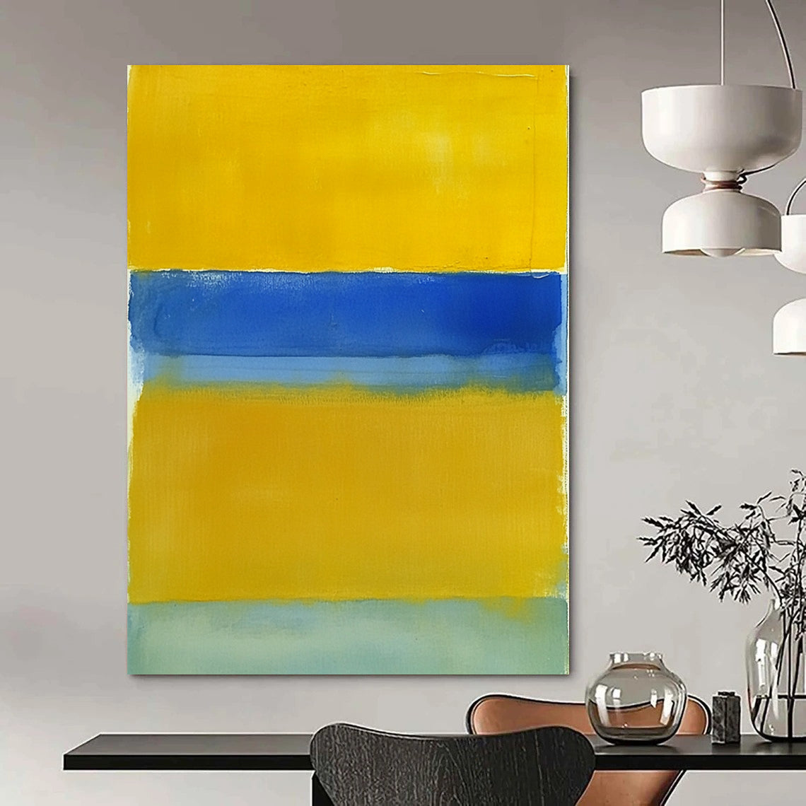 Large contemporary hand-painted abstract art featuring a vibrant yellow field framed by a deep blue border and light green bottom. DLZ1526
