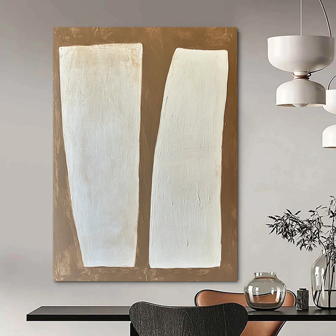 Large contemporary hand-painted abstract art featuring white rectangular forms on a textured brown and white background with soft edges and a minimalist style. DLZ1750