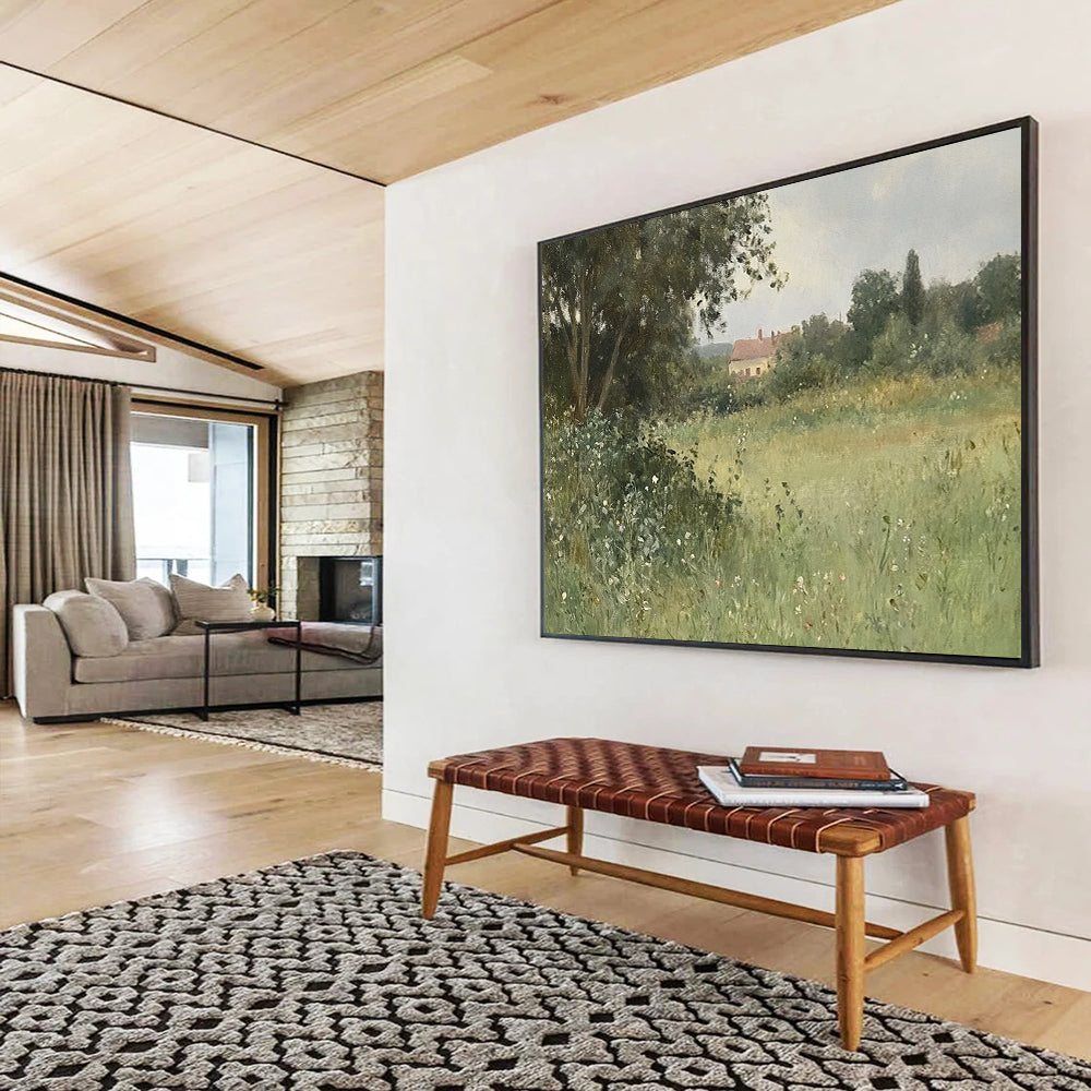 “Rural Retreat” - Greens, Browns, Whites, Countryside with House - Realist Oil Painting HB1597