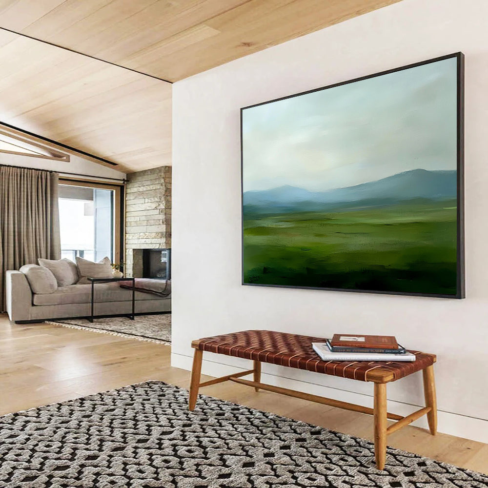 “Soft Green Landscape” - Green, Blue, Gray, Hazy Fields and Mountains - Minimalist Oil Painting HB1701