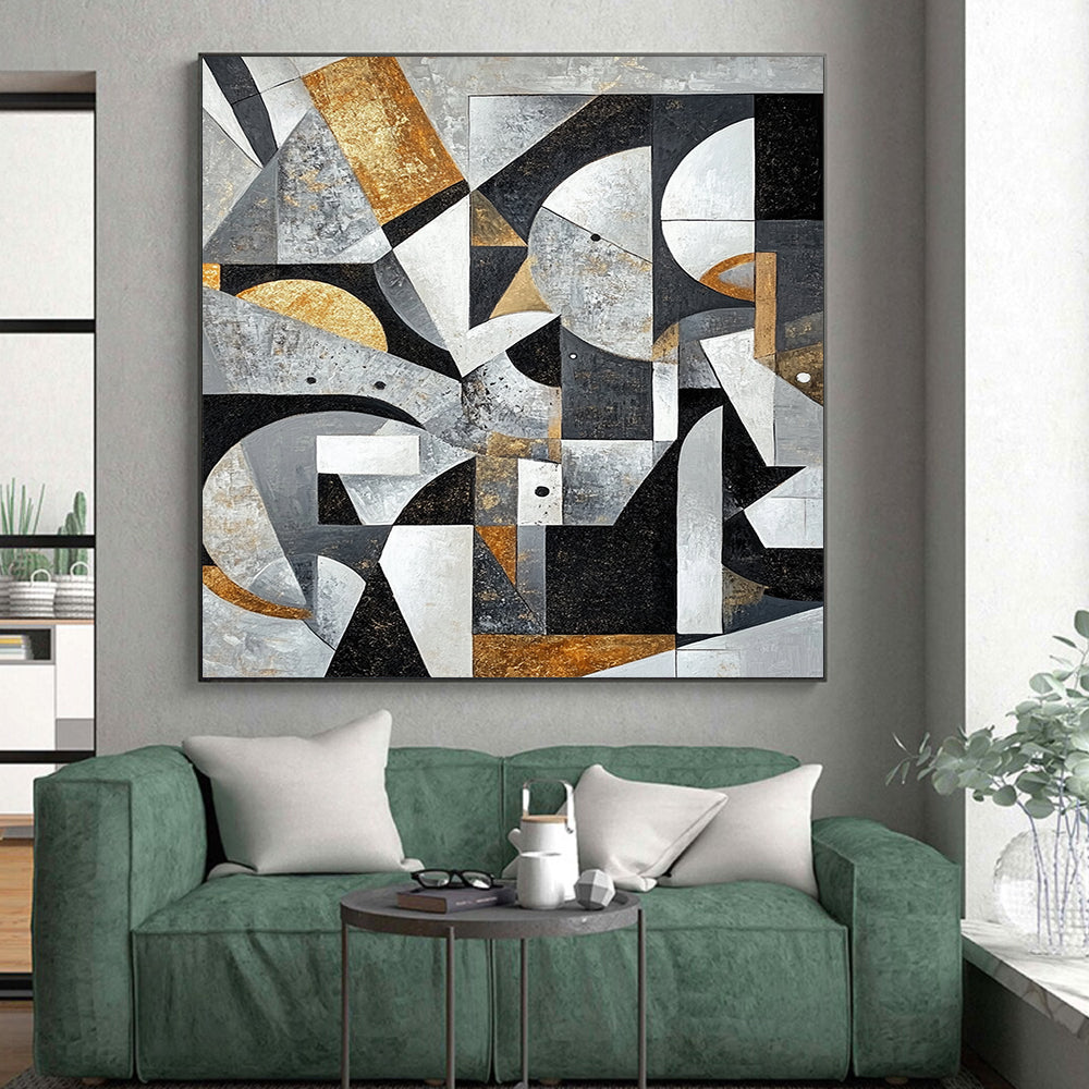Gray, Black, White, Gold and Brown Geometric Abstraction "Vintage Geometry" Painting On Canvas HB395