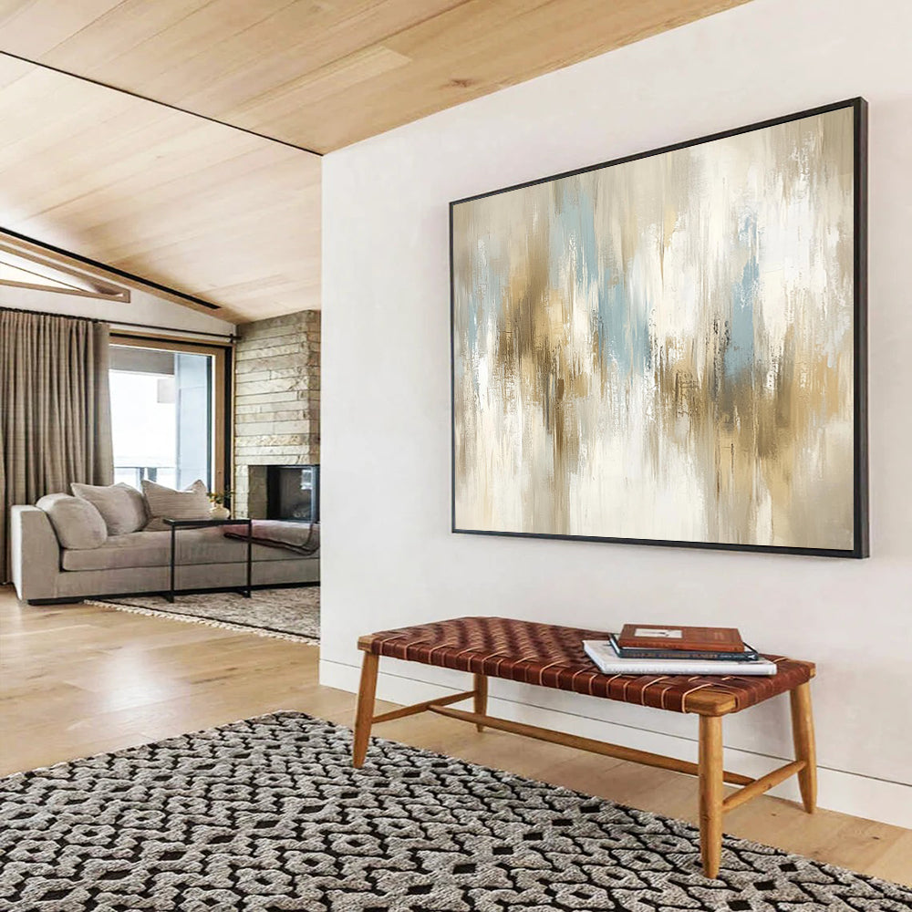 “Soft Neutral Abstract Strokes” - Beige, Gray, Blue, Subtle Abstract Brushstrokes Painting On Canvas HB0967