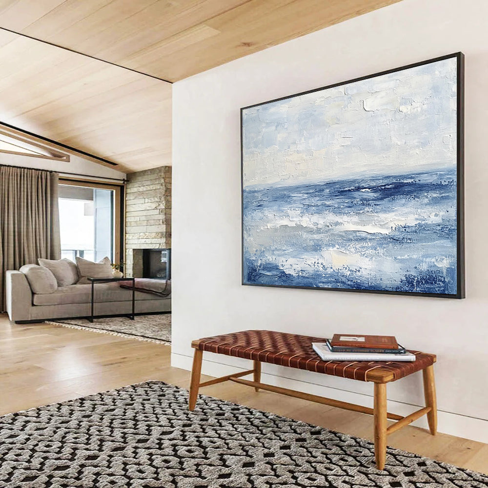 “Textured Blue Ocean” - Shades of blue, white; Abstract ocean waves; Impasto Oil Painting On Canvas HB1192