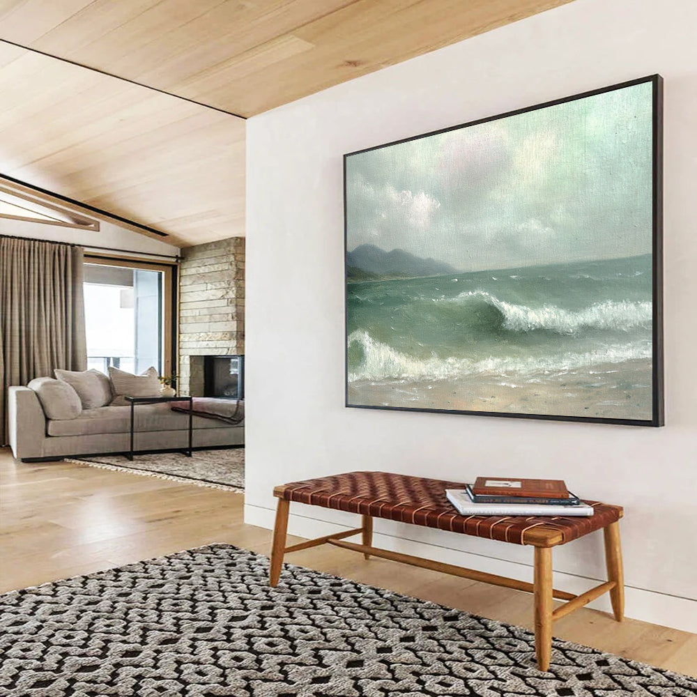 “Misty Sea Beach” - Green, Gray, Sea, Beach, Mountains Painting On Canvas HB0755