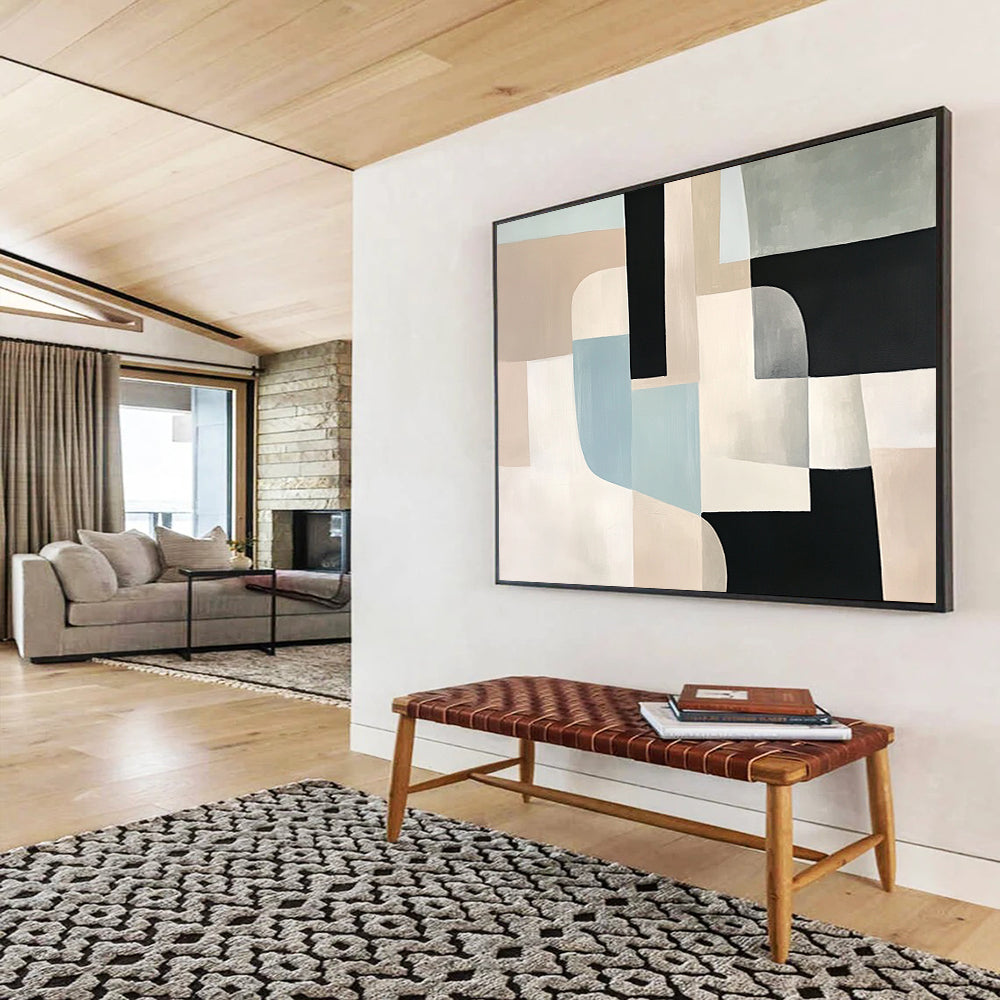 “Neutral Geometric Abstract” - Beige, Black, Blue, Gray, Geometric Forms - Painting On Canvas HB1425