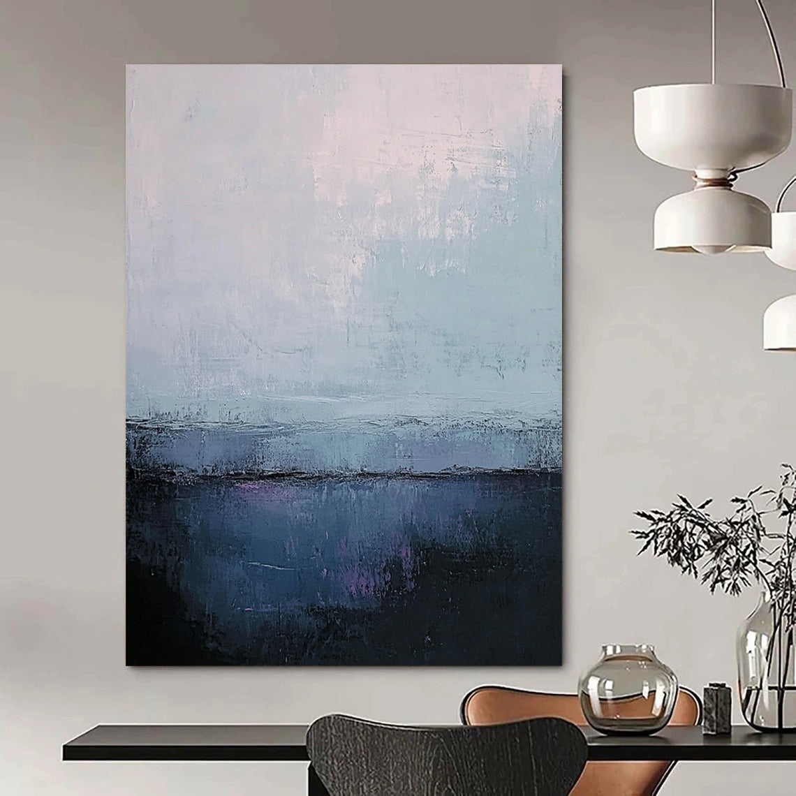 Contemporary abstract art featuring muted gray and blue tones with soft edges and textured contrasts in a large canvas format. DLZ0402