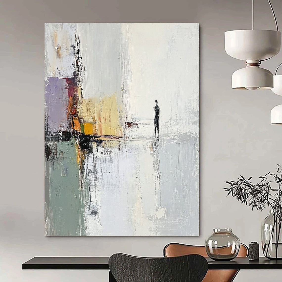 Large contemporary hand-painted abstract artwork featuring a woman by the water with soft tones and impressionist brushstrokes for a serene atmosphere. DLZ1397