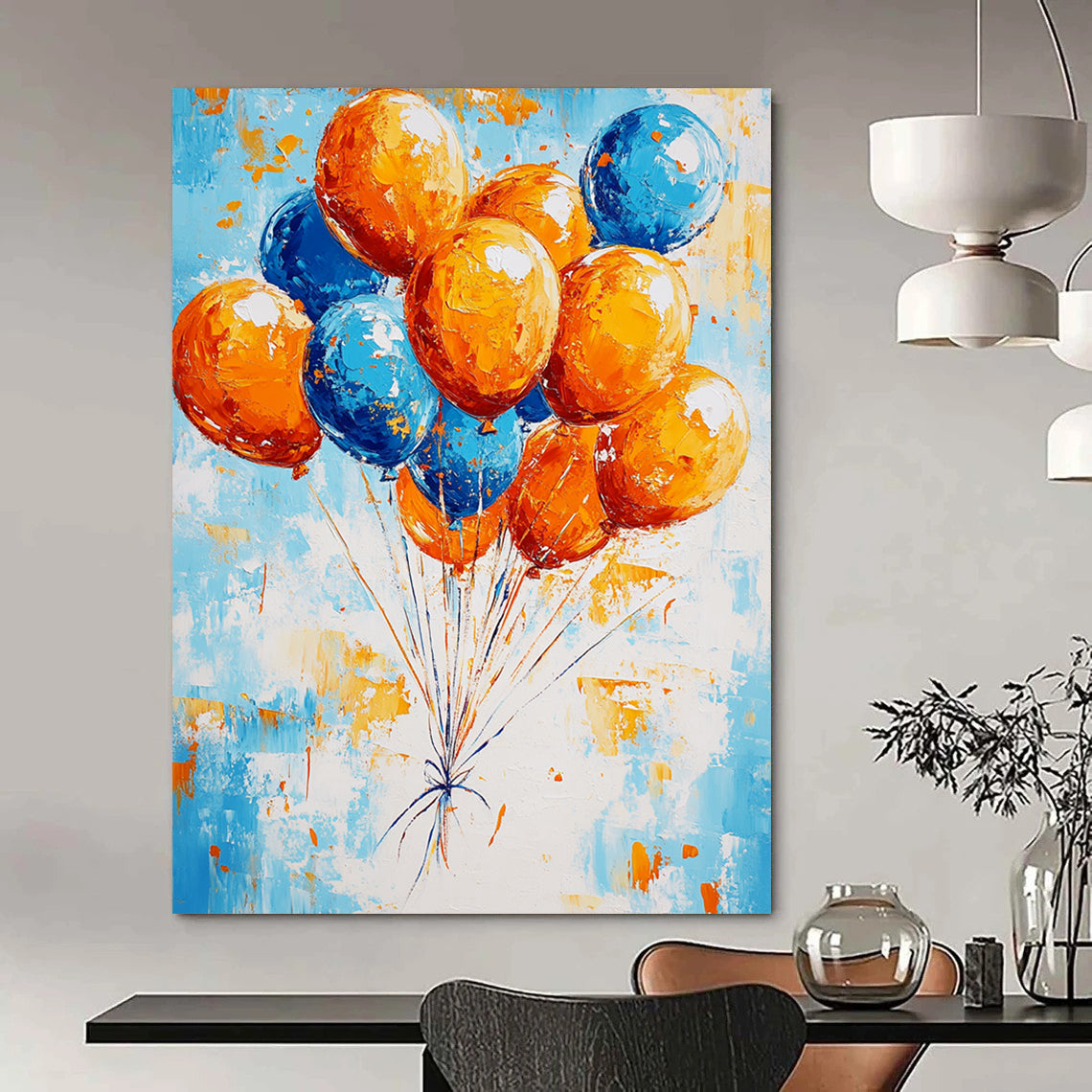 Contemporary abstract painting featuring vibrant orange and blue balloons floating against a bright sky evoking a joyful celebration in dynamic brush strokes. DLZ1411
