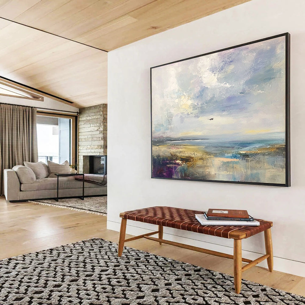 “Impressionist Seaside” - Purple, blue, beige, Impressionist Landscape Painting HB0644