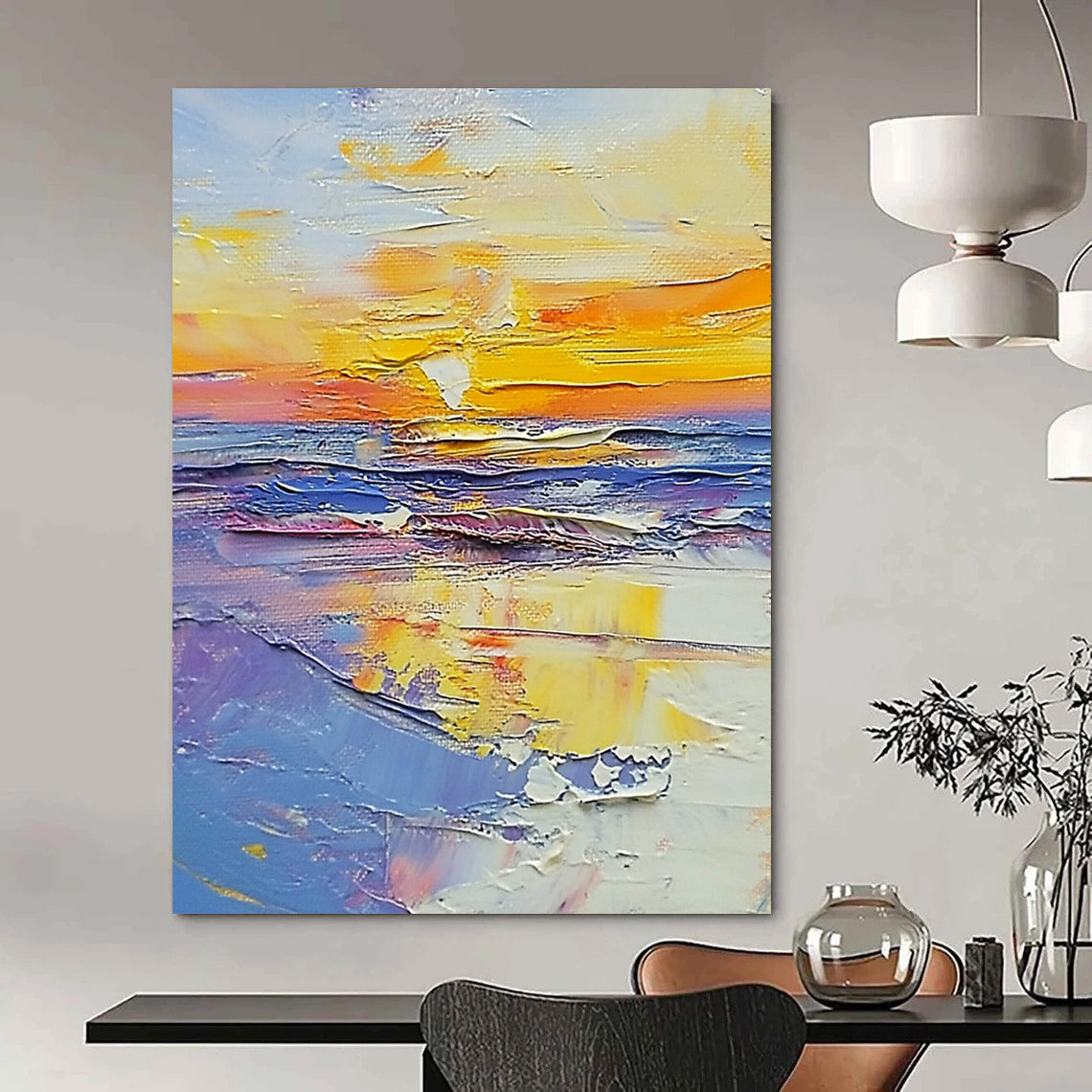 Contemporary large abstract painting showcasing vibrant sunset beach colors in white, blue, yellow, purple, light orange, and pink with palette knife technique. DLZ0647