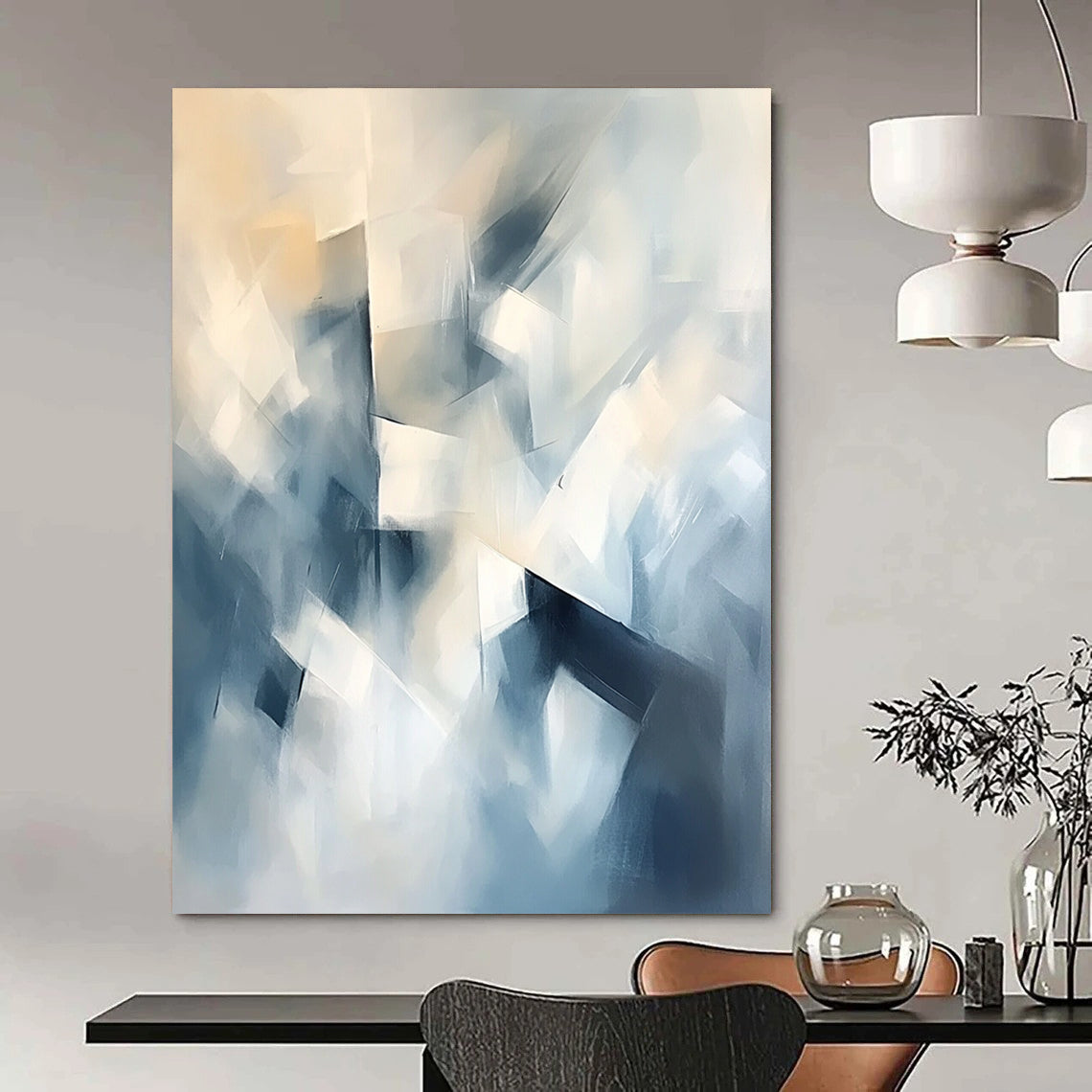 Contemporary abstract painting featuring soft shapes and forms in light blue and white with geometric elements and a dreamlike atmosphere. DLZ0643