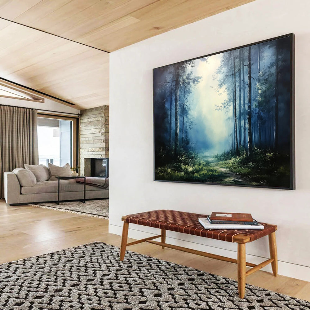 “Mystic Forest Path” - Deep Blues, Greens, Hints of Light, Forest Path in Mist - Atmospheric Oil Painting HB1690