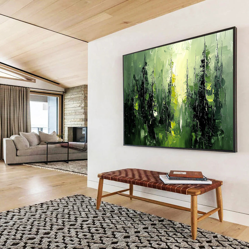 “Green Forest Impasto” - Green, Black, Abstract Trees - Textured Oil Painting HB1486