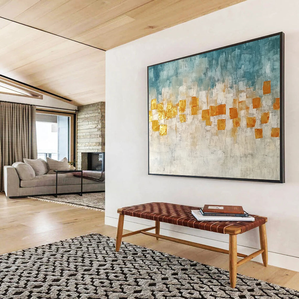 “Golden Squares” - Blue, Gold, White, Abstract Geometric Squares Painting On Canvas HB1048