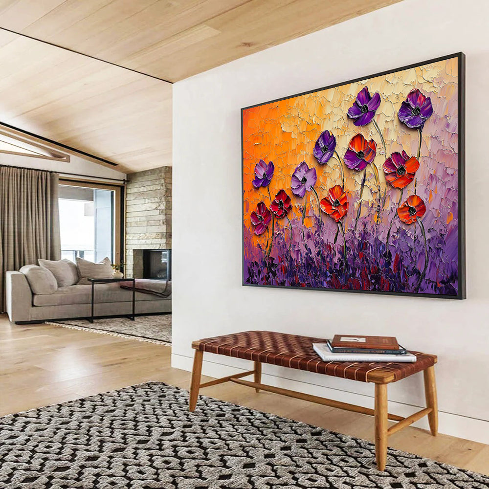 “Textured Poppy Field” - Purple, Orange, Pink - 3D Textured Flowers - Impasto Painting HB1297