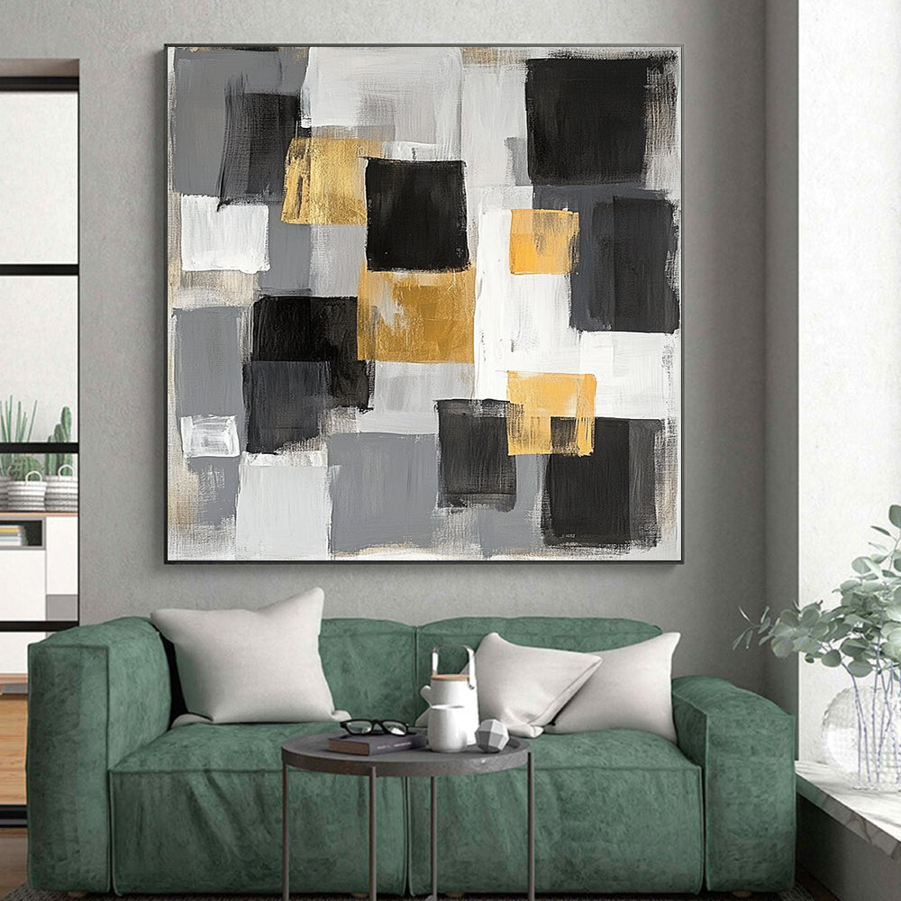 Gray, Black, Gold and White Abstract Blocks "Elegant Blocks" Painting On Canvas HB346