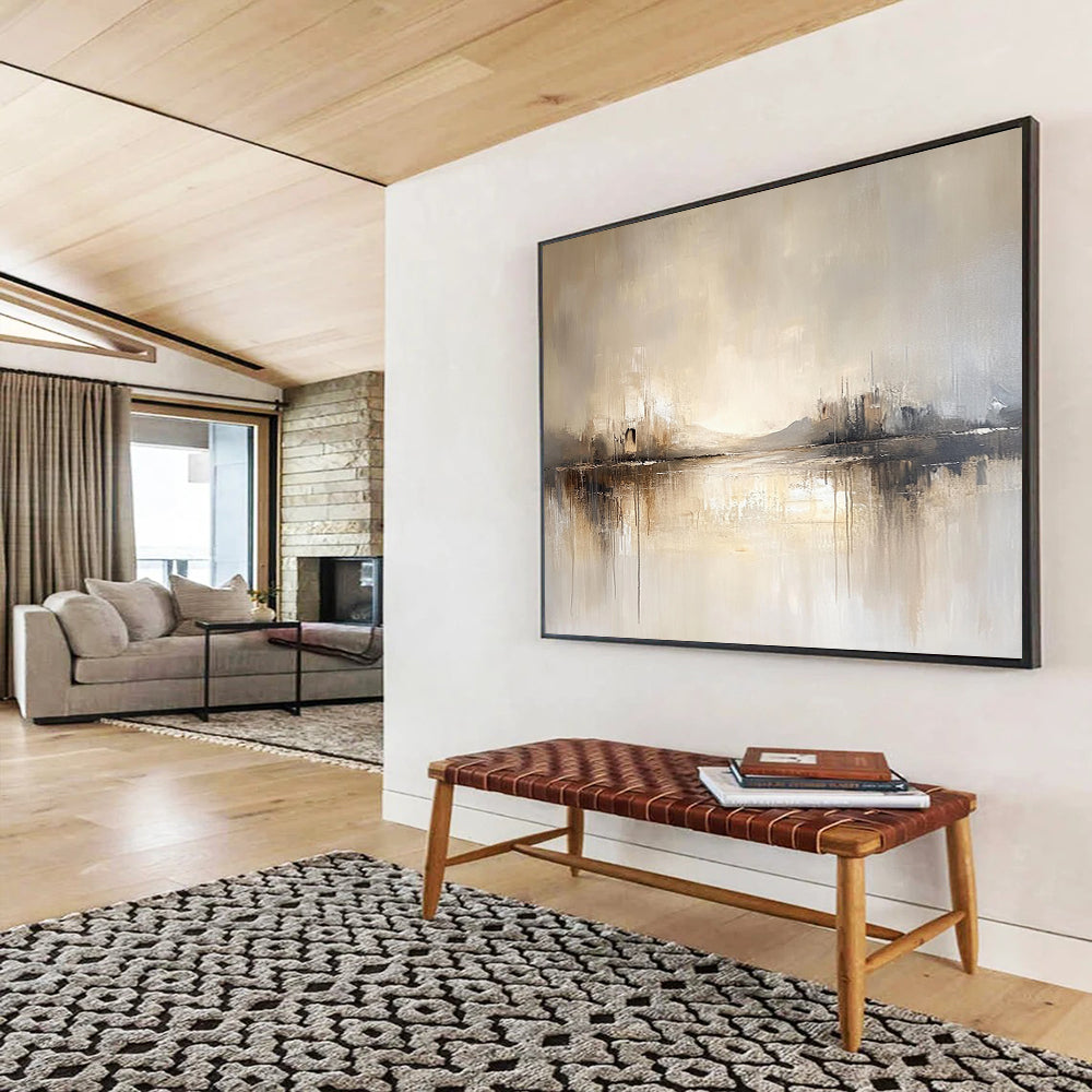 “Neutral Lake Reflection” - Beige, Gray, Subtle Peaks and Reflective Lake Painting On Canvas HB0931