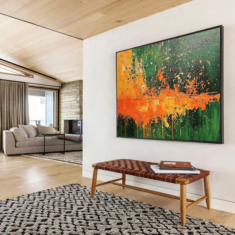 “Explosive Green and Orange” - Bright Greens, Oranges, and Whites, Energetic Splatter - Style Abstract Painting On Canvas HB0911