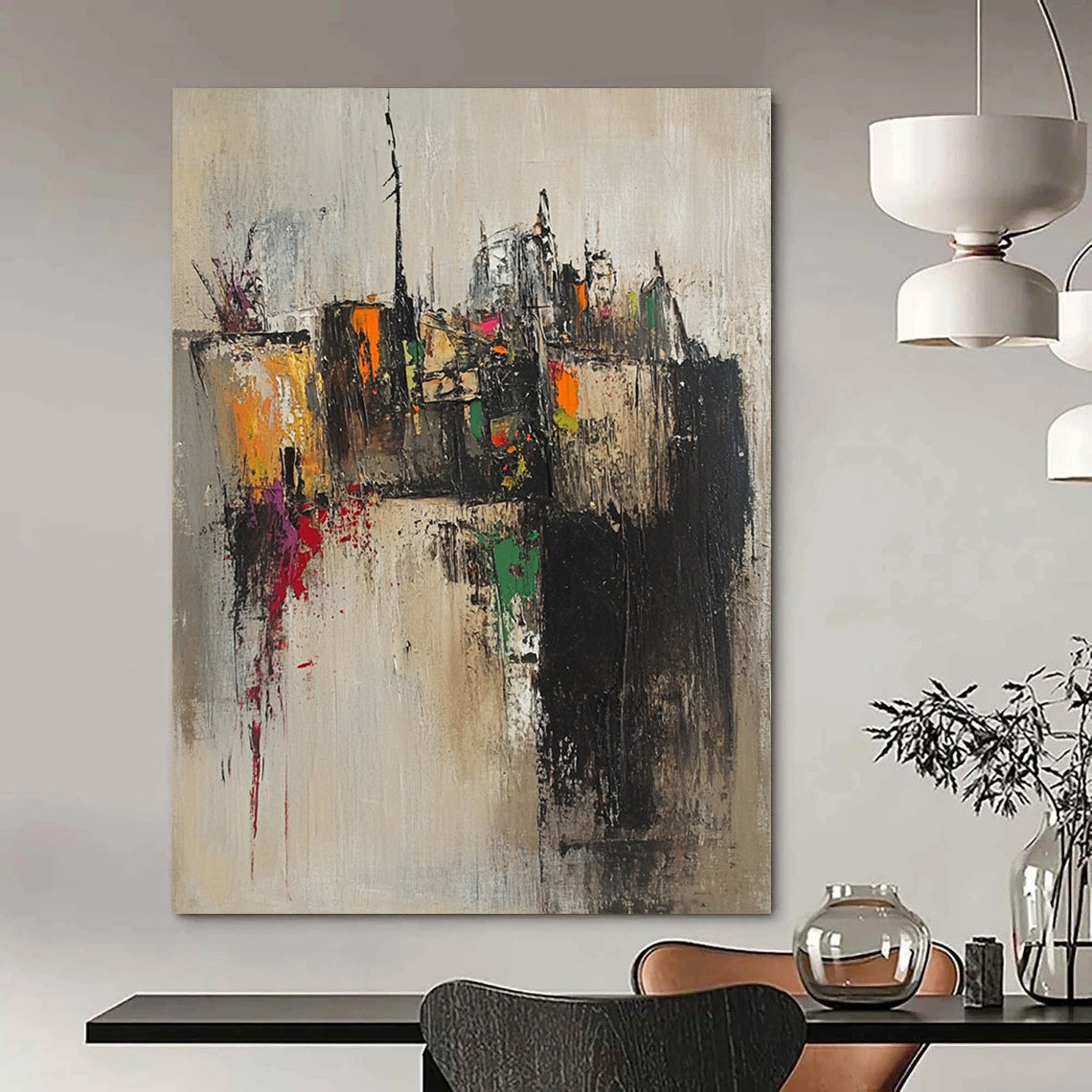 Contemporary abstract artwork featuring an old village with tight brushstrokes in muted earth tones accented by splashes of pink yellow green and orange. DLZ0959