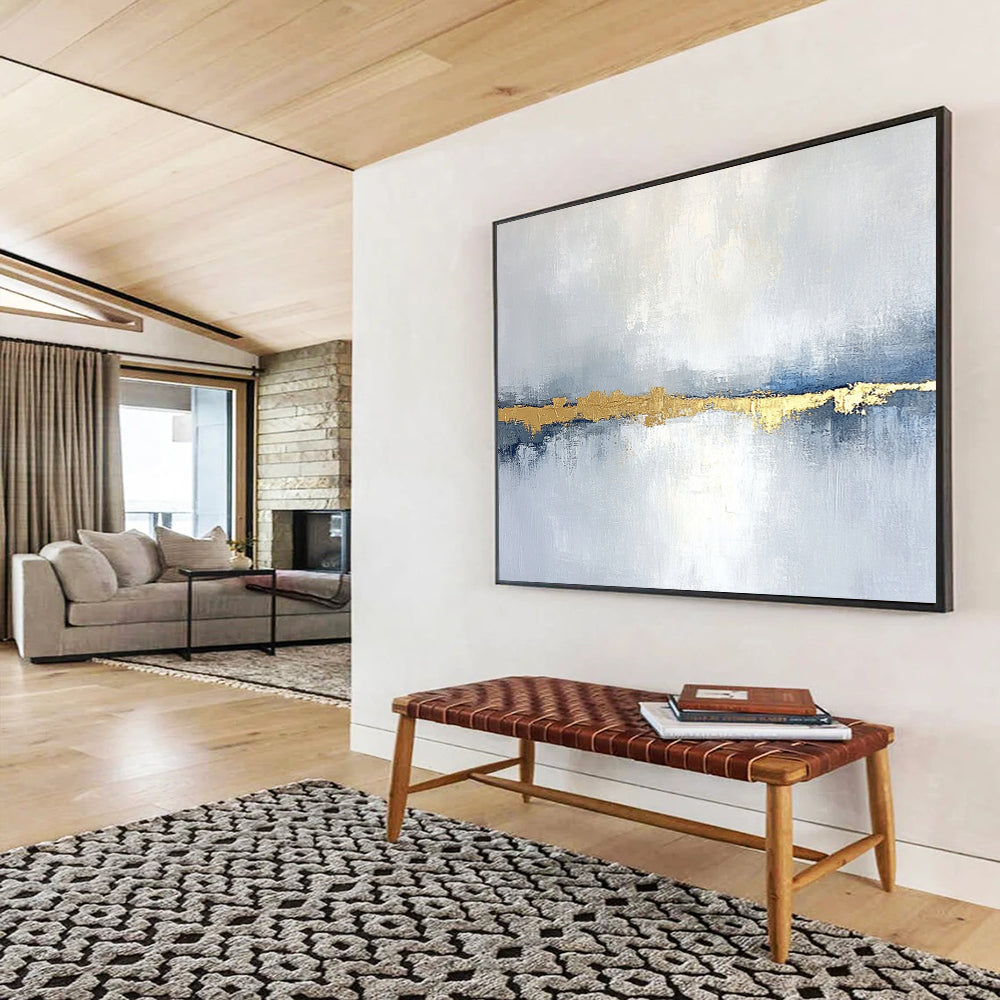 “Blue - Gray Goldline” - Blue, Gray, Gold, Abstract Minimalist Landscape Painting On Canvas HB1088