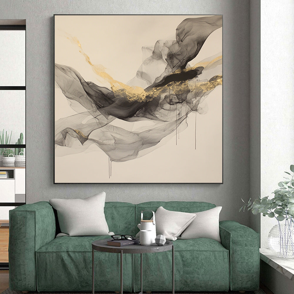Beige, Gray, Gold, Flowing Shapes "Smoky Splendor" Abstract Painting On Canvas HB035