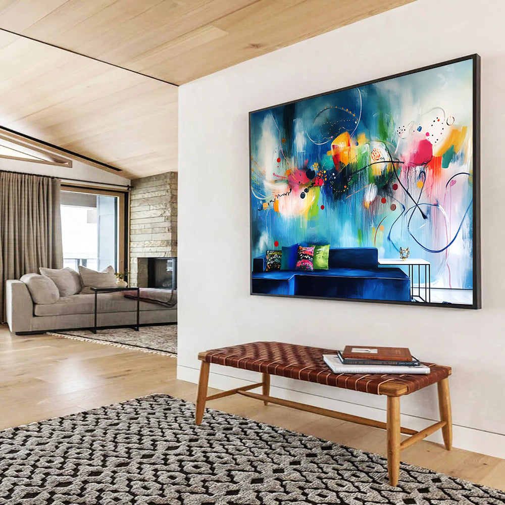 “Vibrant Abstract Wall Mural - Inspired Living Room Art” - Blue, Colorful, Abstract Large - scale Painting On Canvas HB1091