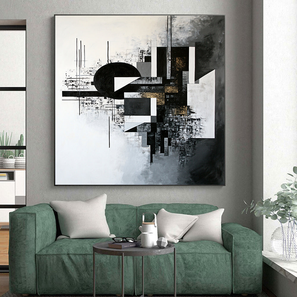 Black, White, Gray and Gold Geometric Abstraction "Gilded Geometry" Painting On Canvas HB318