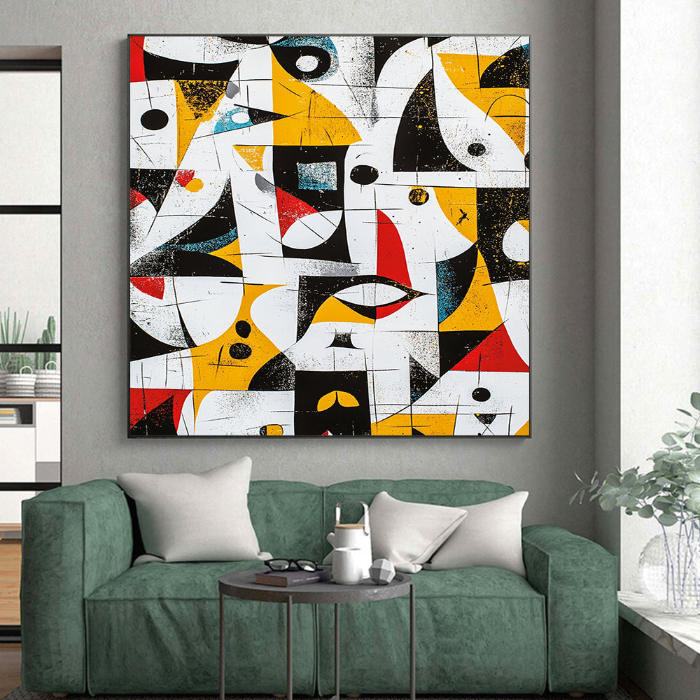 Black, White, Yellow, Red and Blue Geometric Mosaic "Colorful Labyrinth" Painting On Canvas HB325