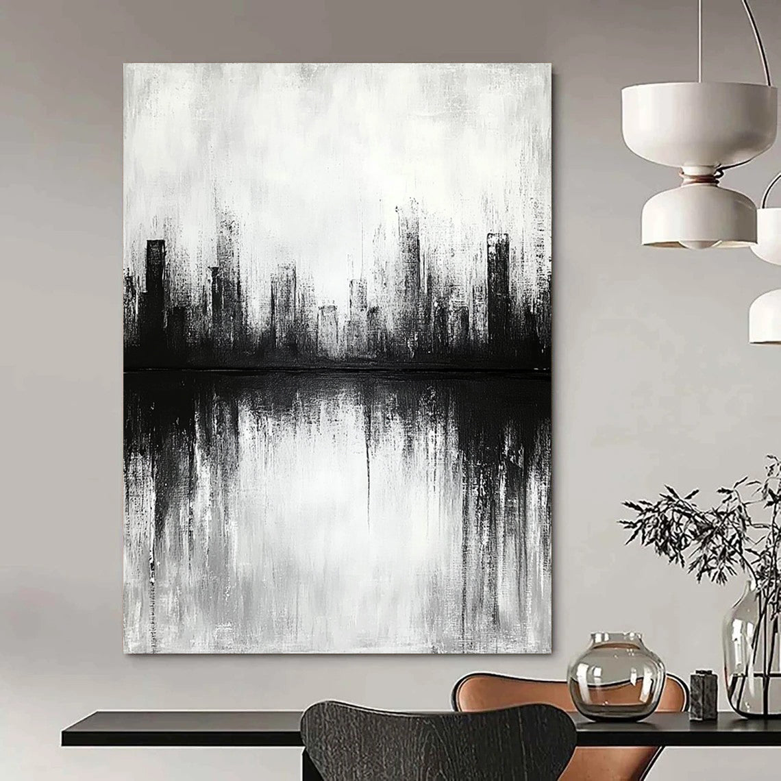 Contemporary abstract artwork featuring a cityscape with lake reflections soft focus and neutral tones creating a tranquil and contemplative atmosphere. DLZ0301