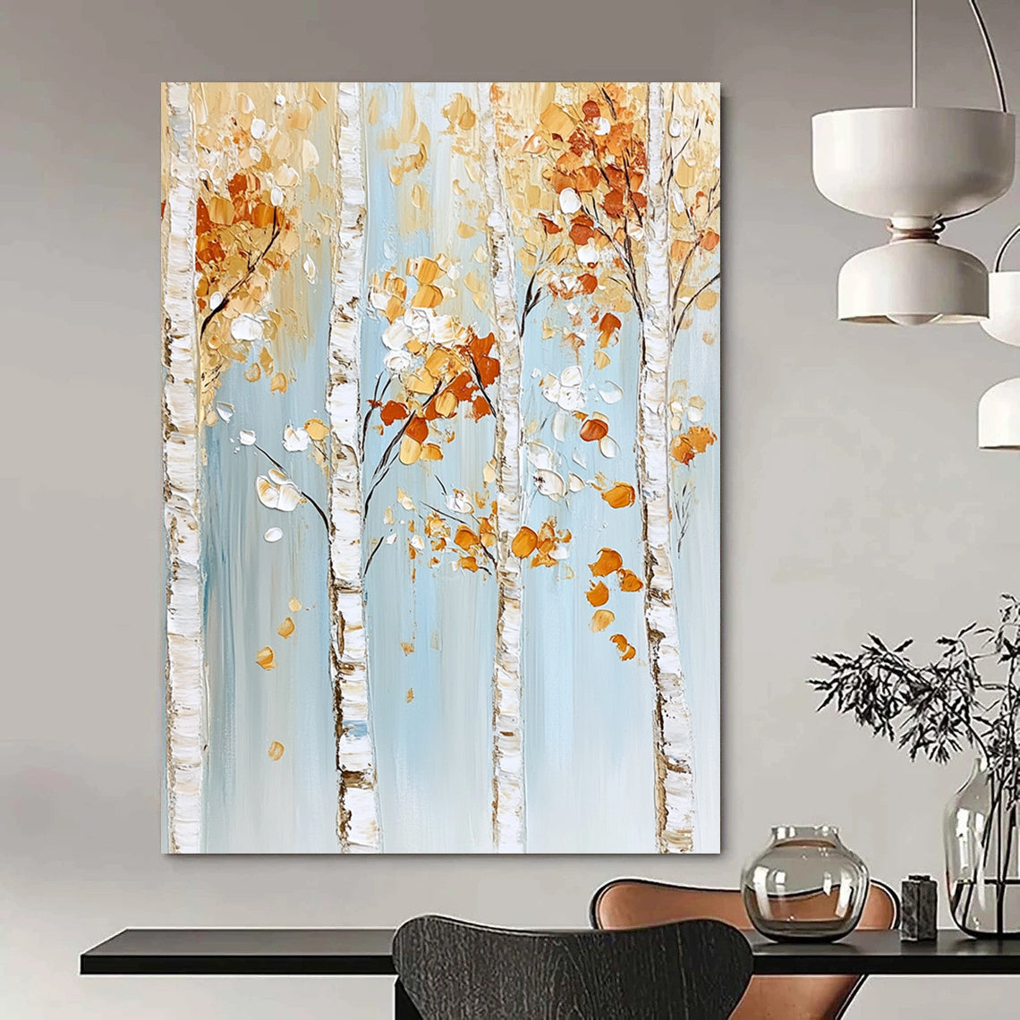 Contemporary abstract painting features birch trees with gold and white leaves on a light blue background with white trunks and orange flowers. DLZ0612