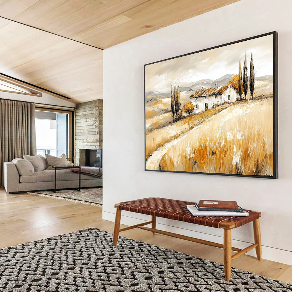“Tuscan Farmhouse in Golden Fields” - Warm Beiges, Browns, Yellows, Farmhouse in Rolling Fields - Contemporary Oil Painting HB1694