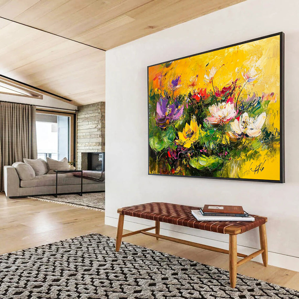 “Vibrant Colorful Lotus Pond” - Vivid Palette, Expressive Lotus Flowers Painting On Canvas HB0877