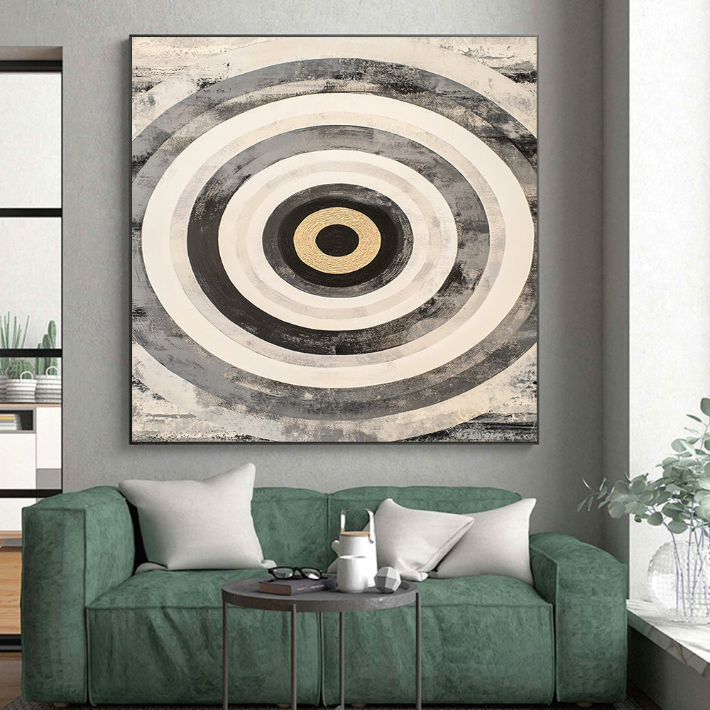 Black, White, Gray and Gold Concentric Circles "Subtle Vortex" Painting On Canvas HB382