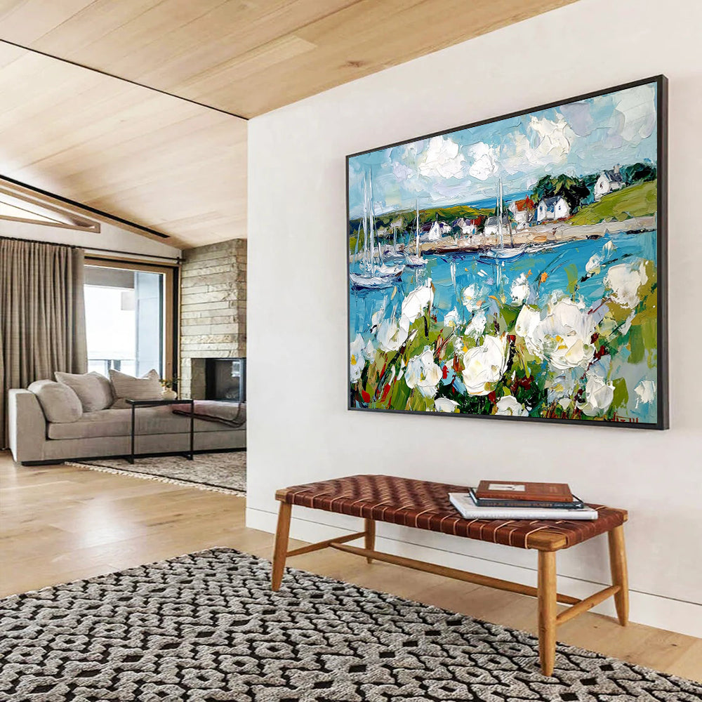 Blue, White, Green and Yellow Coastal Harbor with Flowers "Harbor Blooms" Painting On Canvas HB0666