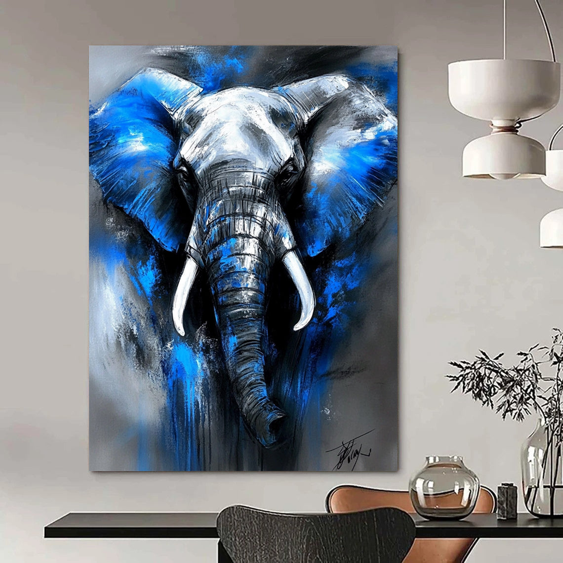 Contemporary abstract artwork featuring an elephant in blue and gray tones with expressive brushstrokes and dramatic lighting, capturing a powerful presence. DLZ1087