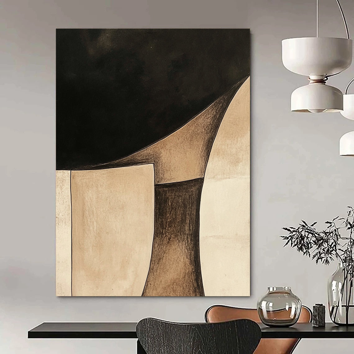 Contemporary hand-painted abstract art features minimalist Japandi style with beige and brown shapes on a black background and soft watercolor washes. DLZ1611