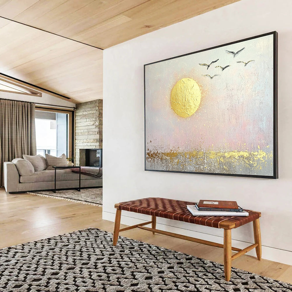 “Golden Sun and Birds” - Gold, pink, gray; Abstract sun and birds; Textured Acrylic Painting On Canvas HB1194
